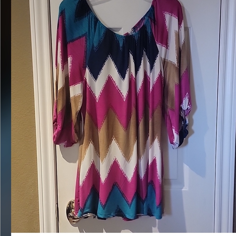 BOHO WOMENS L/XL BOHO STYLE PUFFED SLEEVES COLOR BLOCK DRESS BLOUSE NWOT